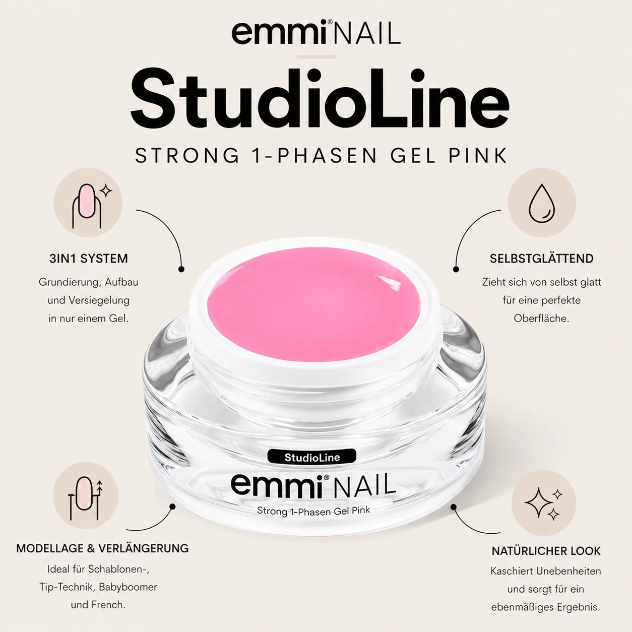 Emmi-Nail Studioline Strong 1-Phasen-Gel Pink 1-fase-gel 15 ml vegansk