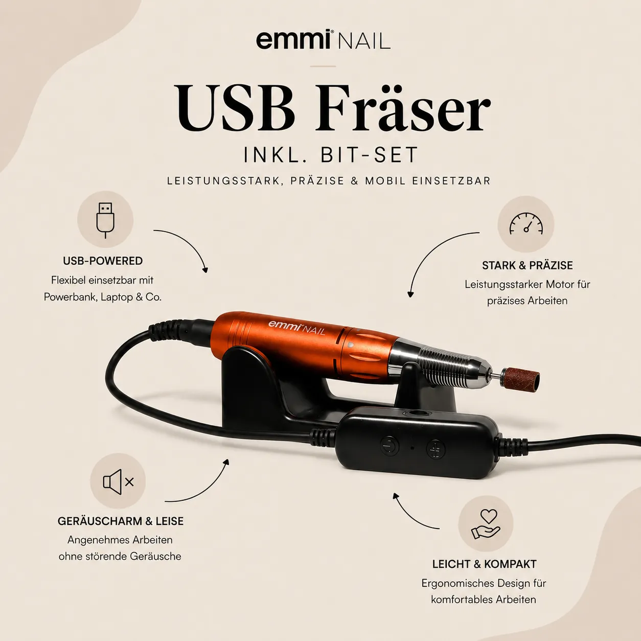 Emmi-Nail USB neglefræser med bitsæt rejse
