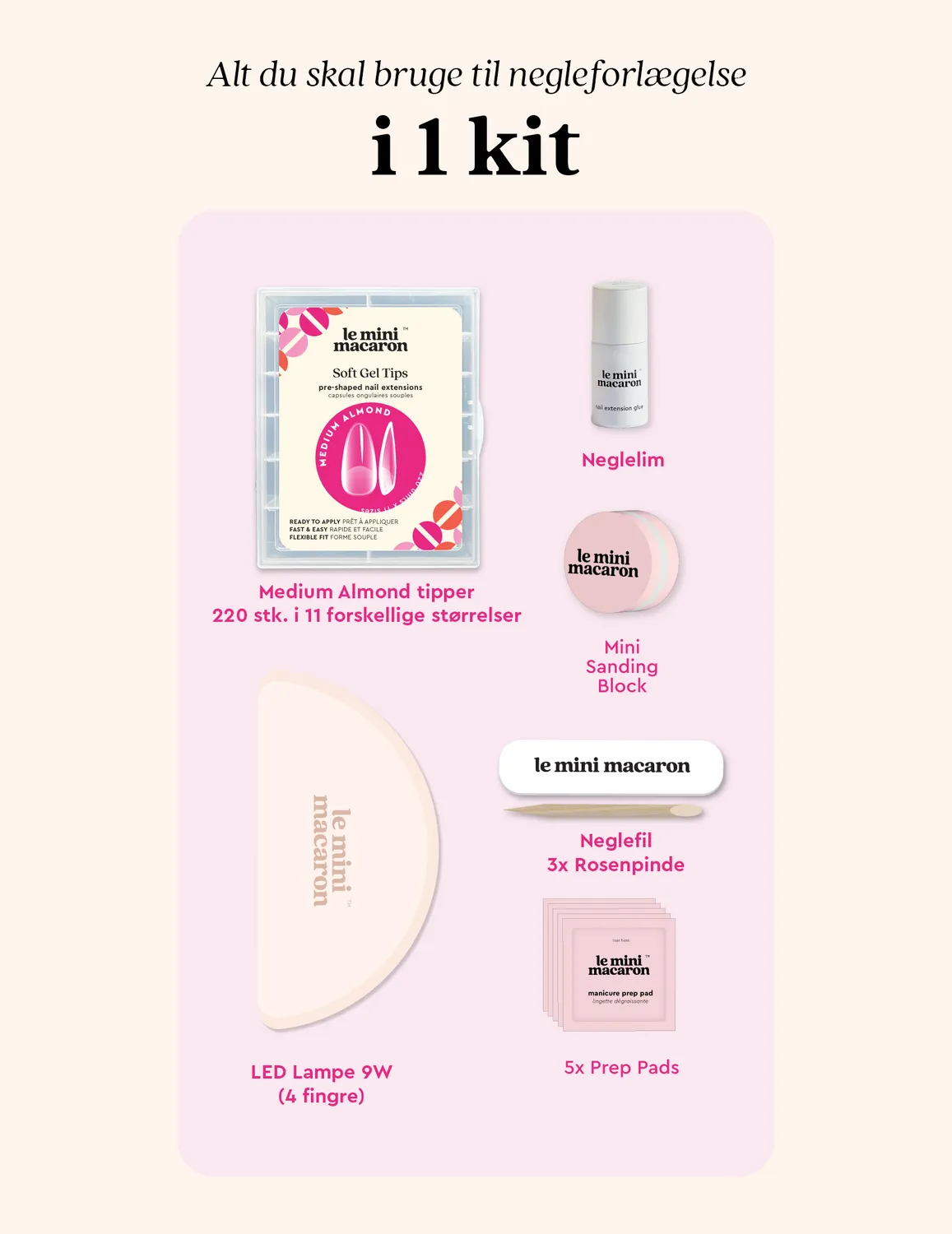Le Mini Macaron Soft Gel Tips startsæt Medium Almond LED