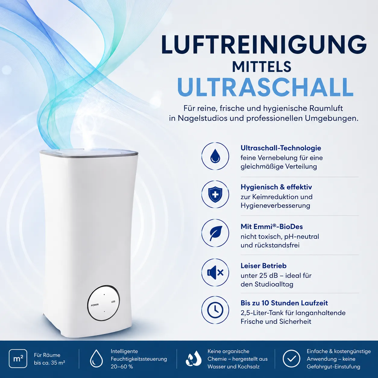Emmi-Nail luftfugter med desinfektion 2,5 liter ultralyd